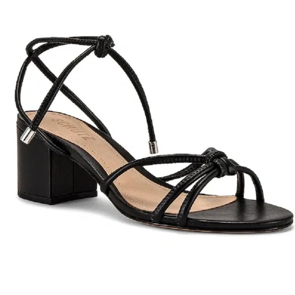 Schutz Asana Mid Block Heel Sandals Black Leather Ankle Strap Size 7.5